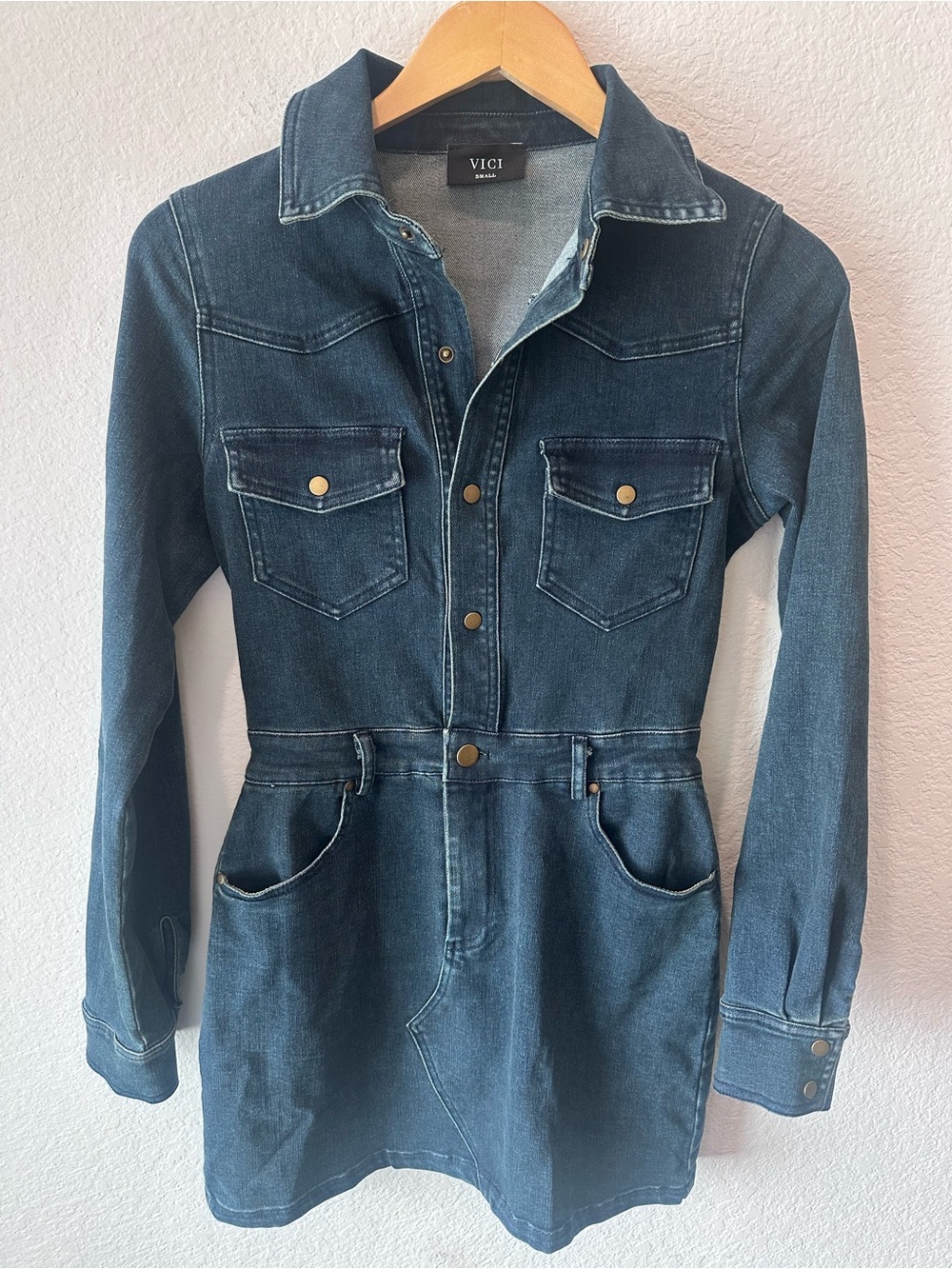 VICI Women Dark Wash Denim Long‎ Sleeve Snap Front Western Mini Dress Small